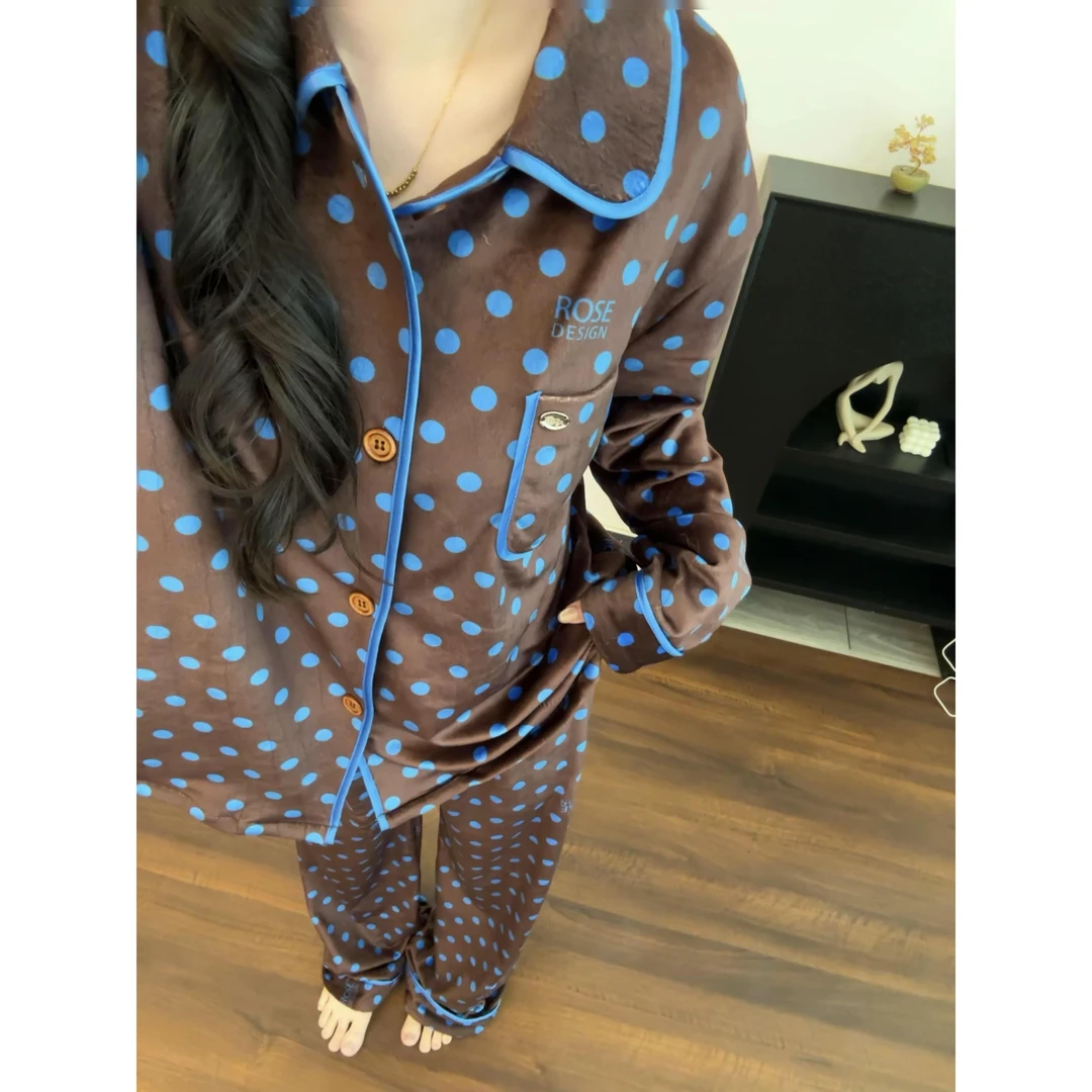 韩系甜美波点法兰绒睡衣女冬季新款保暖长袖长裤家居服套装可外穿