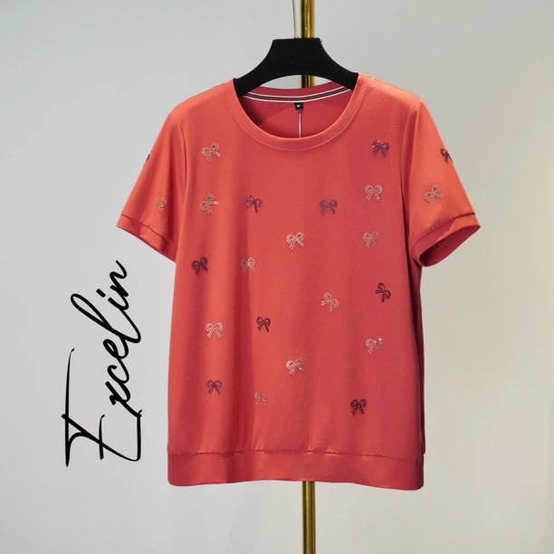 【西瓜红蝴蝶结圆领短袖】2025新夏季轻薄高档时尚显瘦女T恤上衣