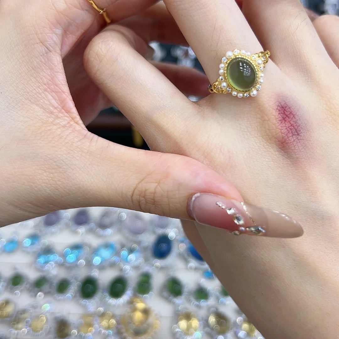 岫玉银S925镀金镶嵌戒指