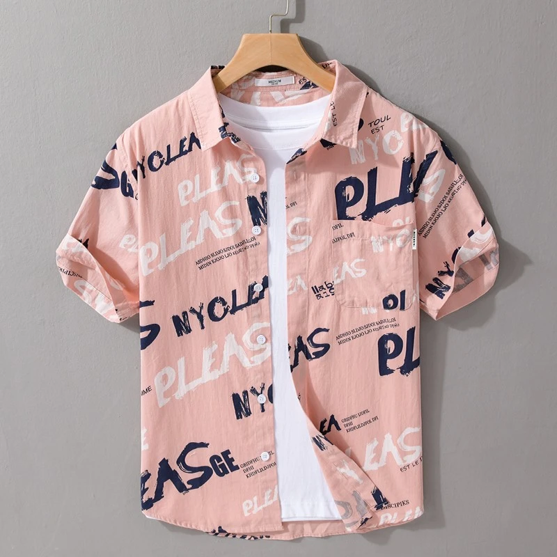 高端短袖衬衫男夏季薄款休闲港风字母印花衬衣帅气纯棉半袖上衣潮