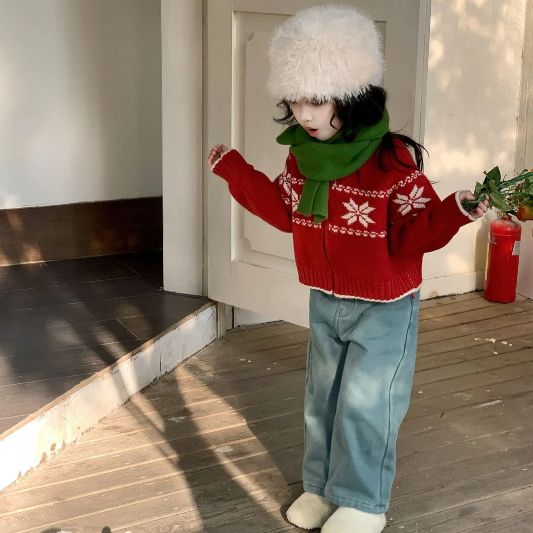 女童牛仔裤2024新款加绒软牛仔长裤百搭直筒裤弹力松紧腰阔腿裤