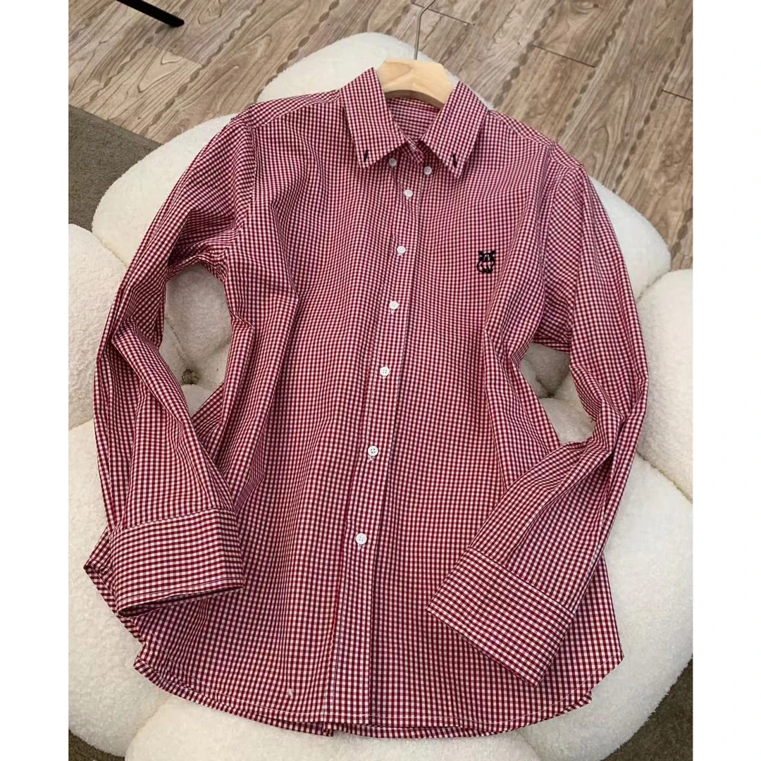 年终清仓 中国红小格子长袖口袋刺绣款衬衫女 AS0685