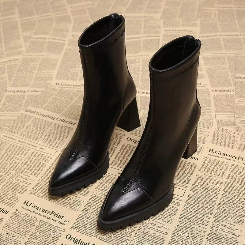 棕色美拉德小个子女士增高厚底防水台小短靴瘦瘦靴尖头美拉德靴子