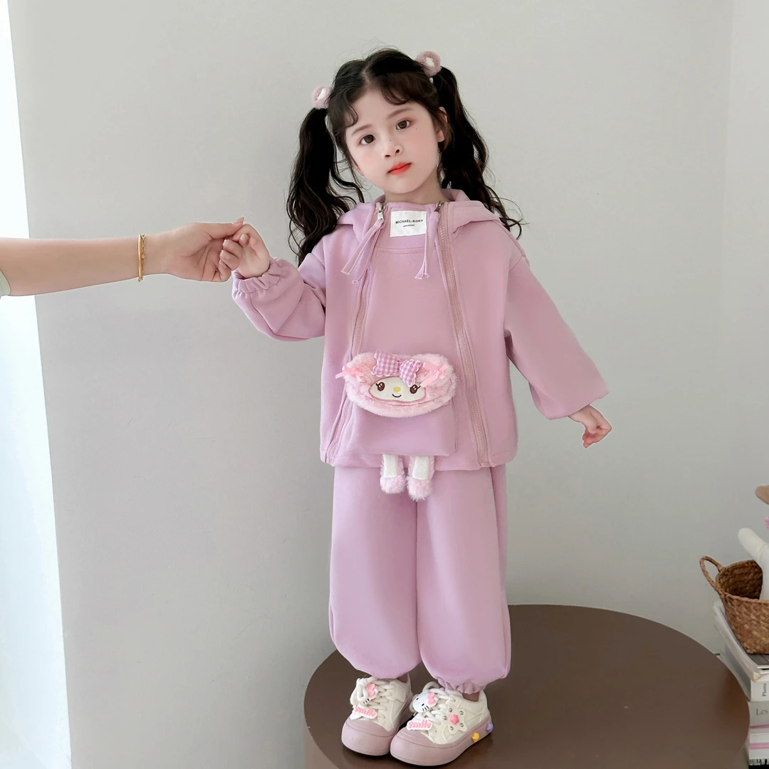 女童秋装双拉链连帽套装2025新款洋气儿童卡通卫衣网红宝宝两件套