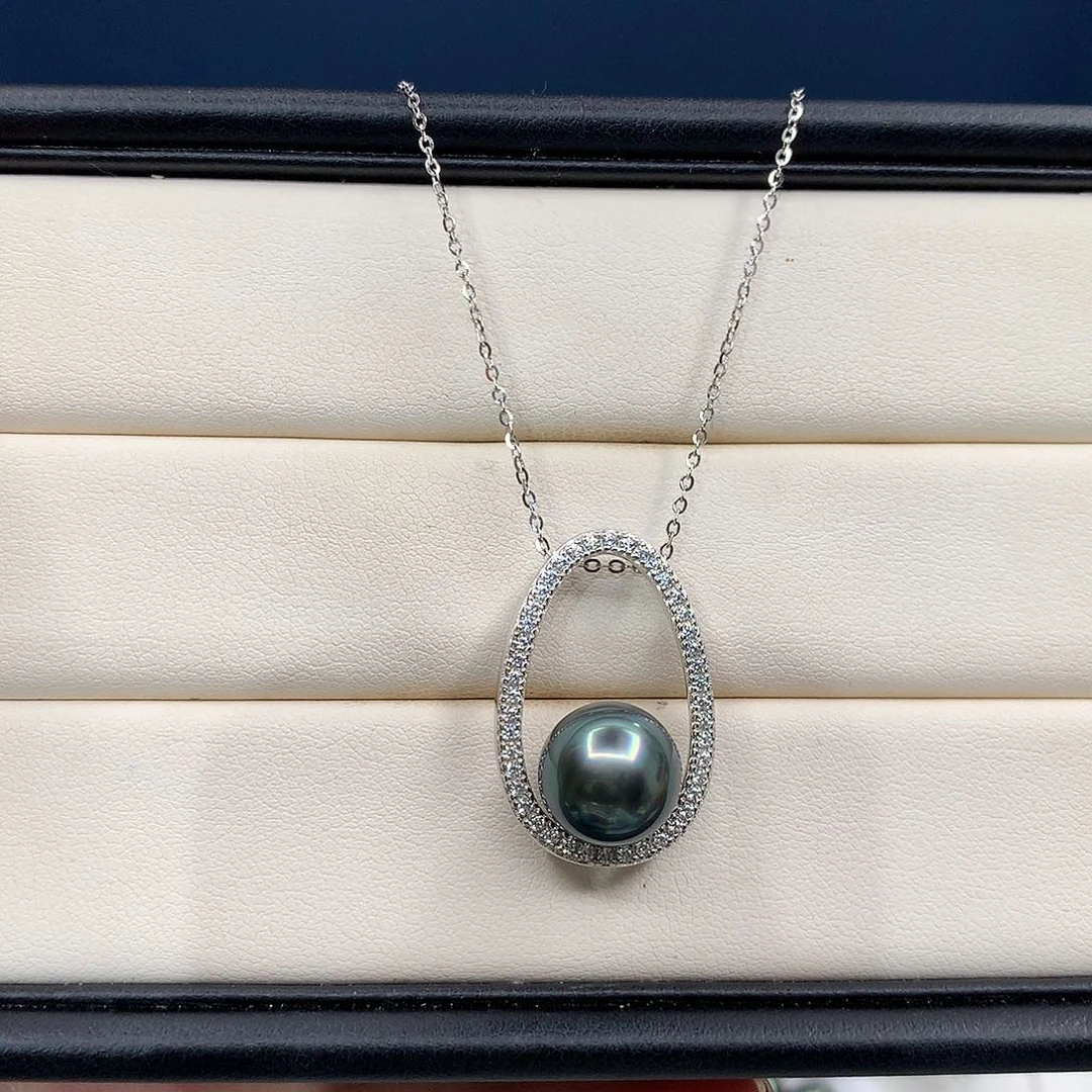 银S925镶嵌颈饰海水珍珠大溪地孔雀蓝项链