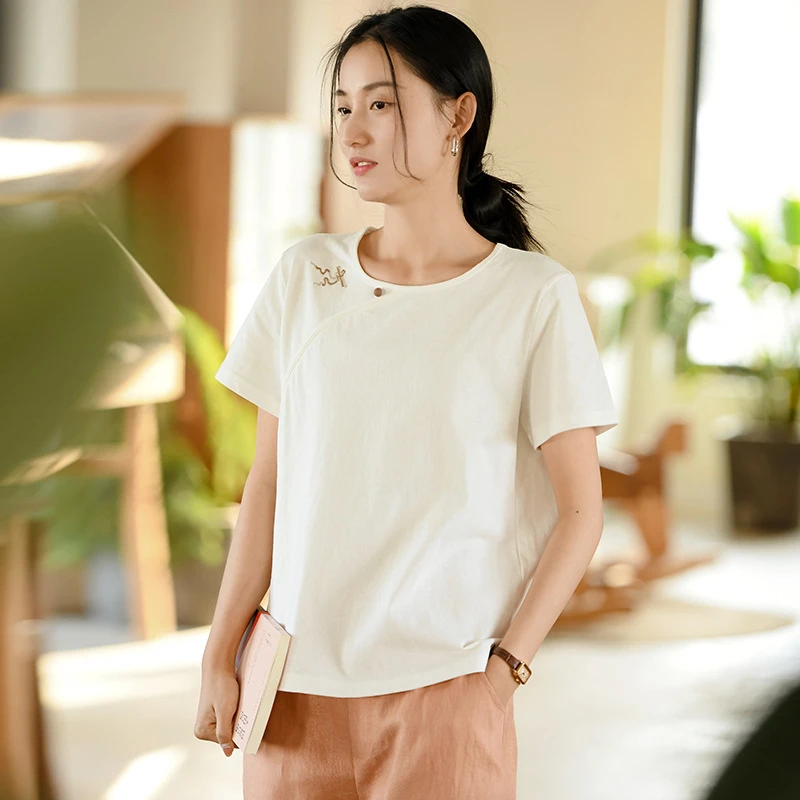 复古夏季新款圆领短袖t恤女中式国风刺绣上衣（胸围100 衣长59）