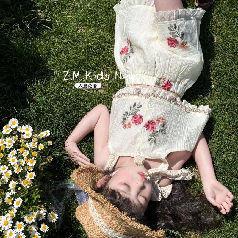 【入夏花语】2025夏季女童吊带上衣短裤两件套儿童刺绣套装B-58370