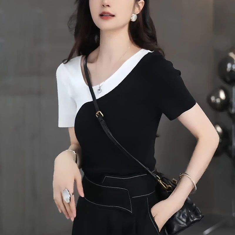 拼色斜领短袖t恤女夏季2025新款时尚洋气修身显瘦设计感休闲上衣