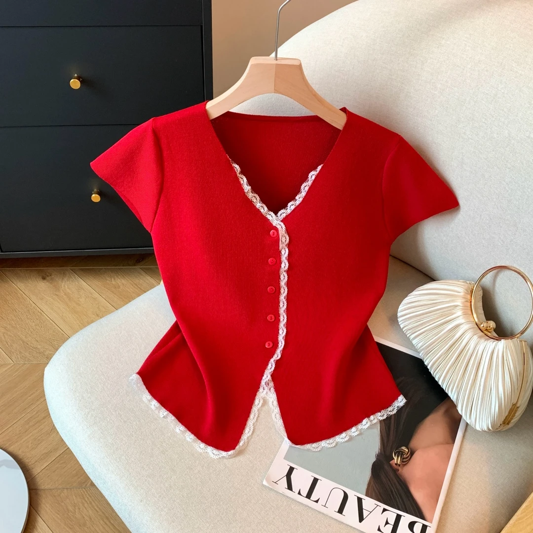 法式V领蕾丝边冰丝短袖针织衫女夏2025新款别致小众短款显瘦上衣