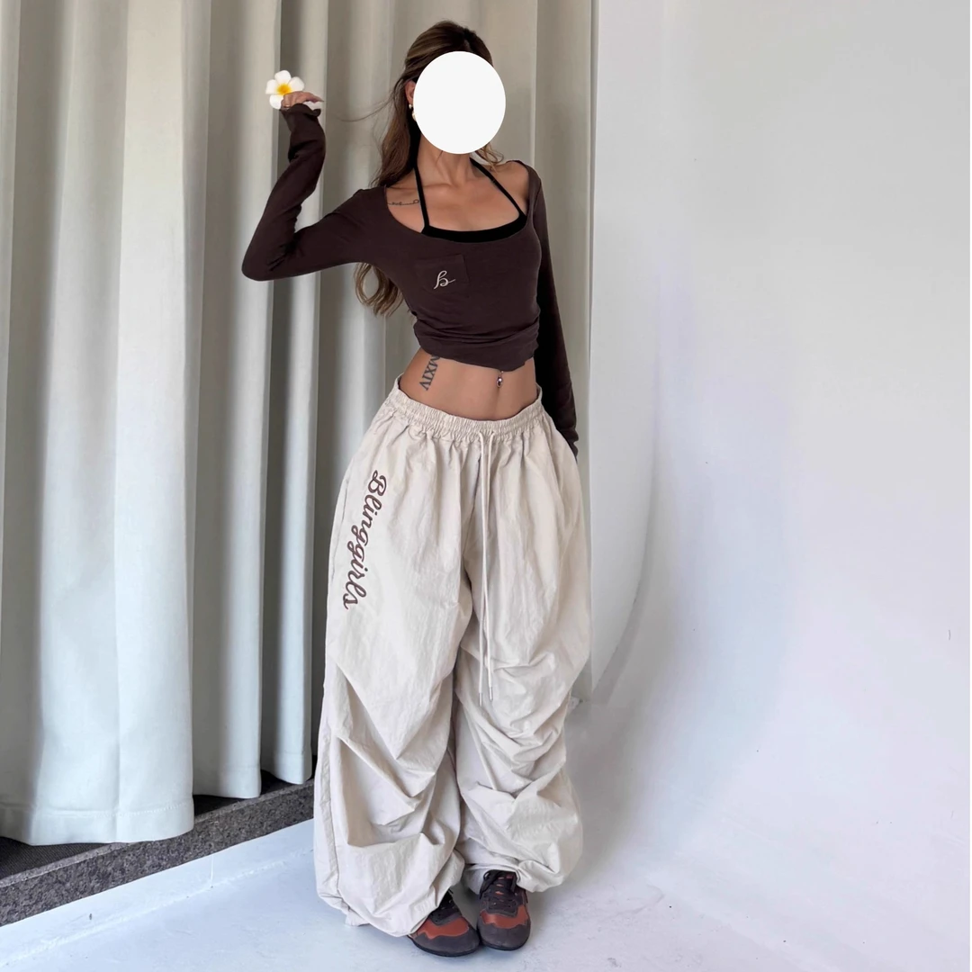 美式复古慵懒风设计感褶皱女2025宽松阔腿显瘦休闲百搭工装伞兵裤