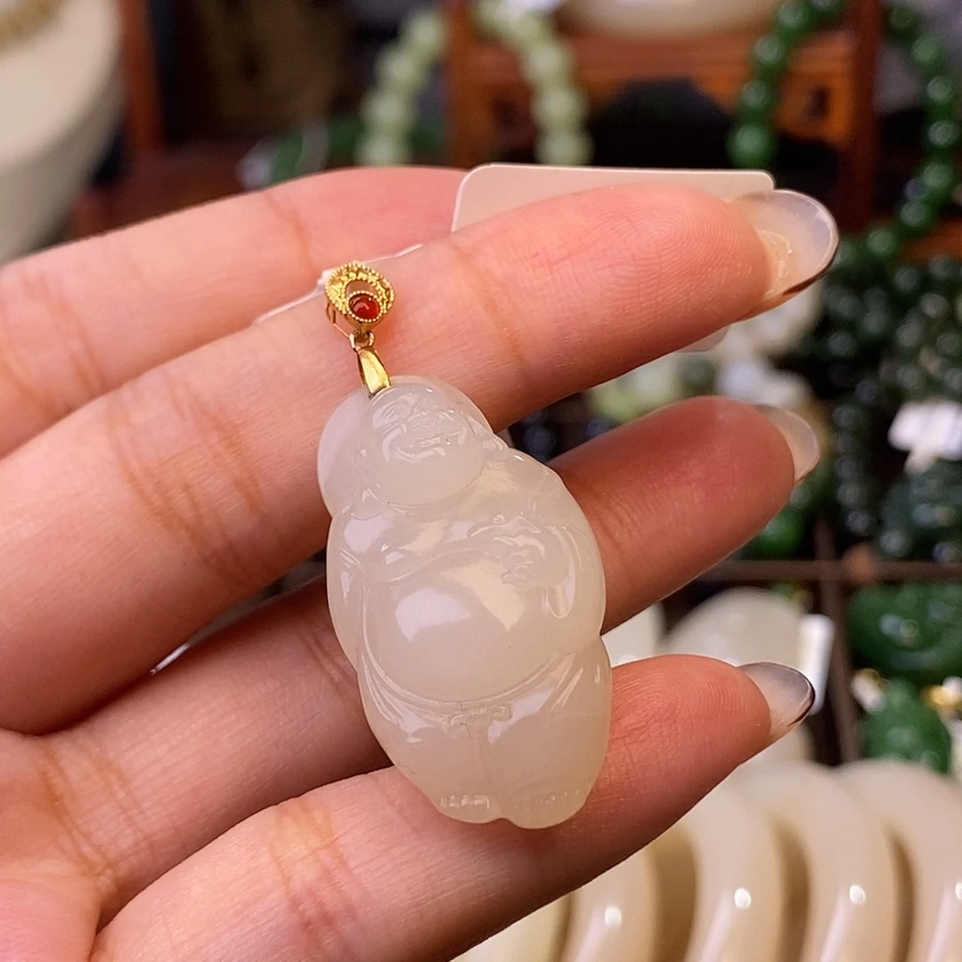 和田玉清货价藕粉金镶逍遥佛未镶嵌