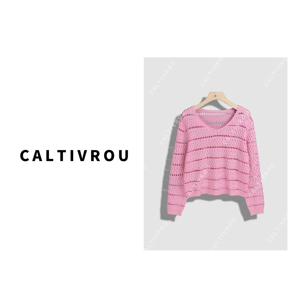 Caltivrou时尚V领亮片镂空长袖针织衫-Y15185