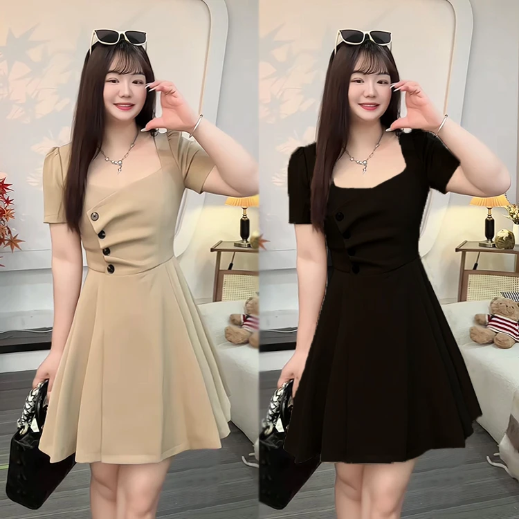 【AW】大码胖MM设计感小黑裙女夏季法式斜扣方领收腰显瘦连衣裙