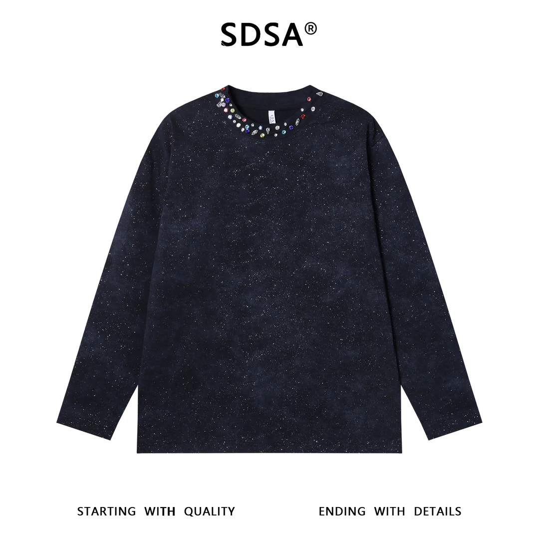 SDSA男士秋冬新款痞帅男装简约领口镶钻设计圆领长袖T恤百搭时尚