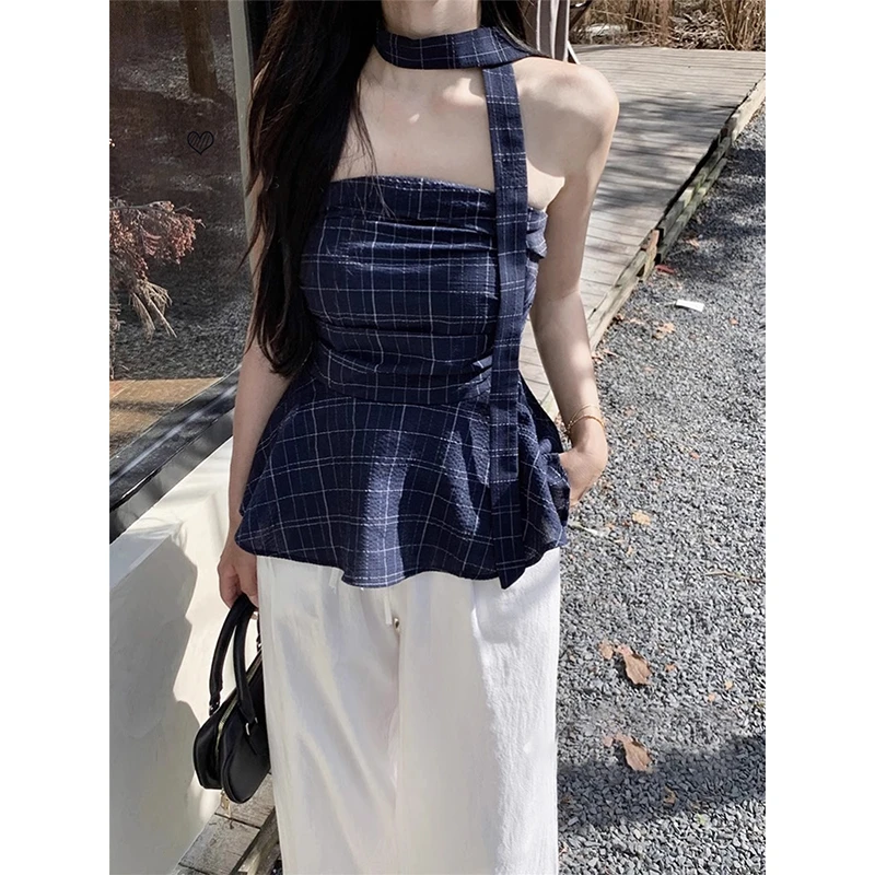 夏季复古撞色辣妹格子抹胸背心女装小众荷叶边修身露肩气质短上衣