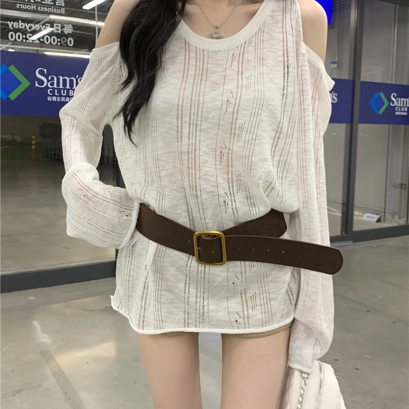 秋季防晒针织长袖圆领宽松型常规T恤时尚设计感显瘦