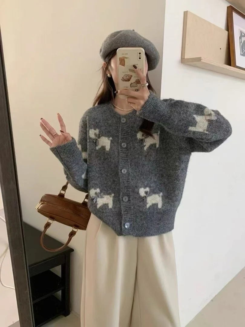 氛围针织开衫毛衣外套女装2025秋季小狗蝴蝶结慵懒风减龄上衣