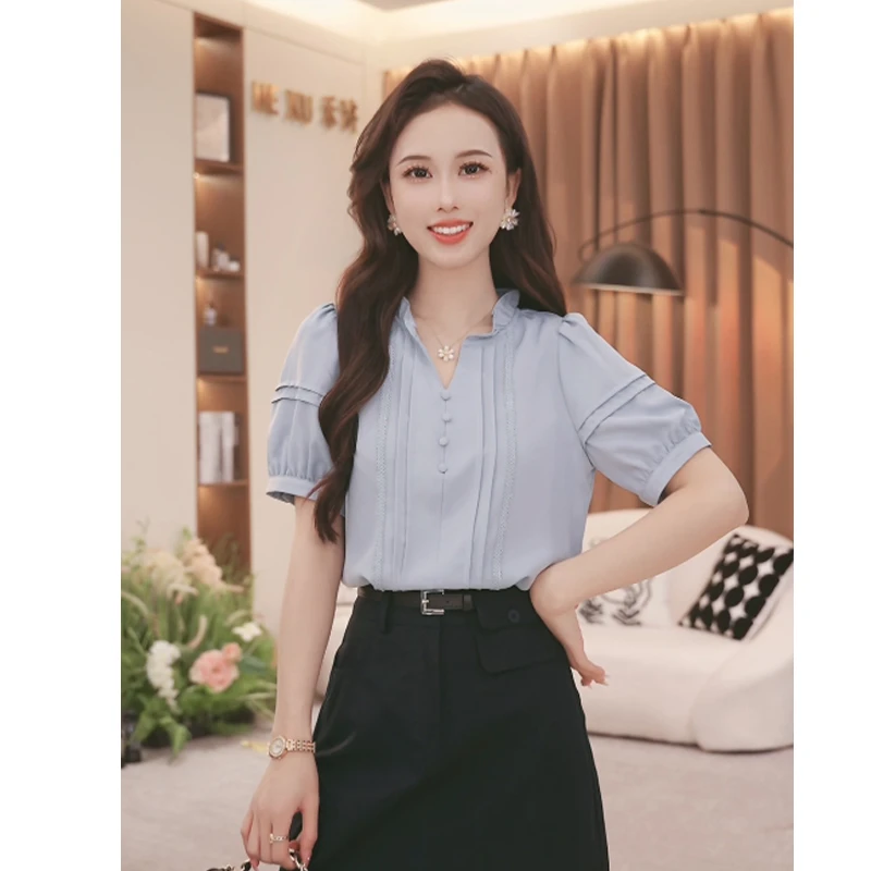 法式拼接条纹荷叶边短袖衬衫女2025夏季新款设计感小众时尚上衣