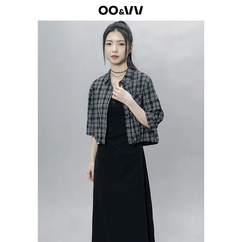 OO&VV复古气质格子衬衫蕾丝边吊带连衣裙两件套女装2025夏季新款