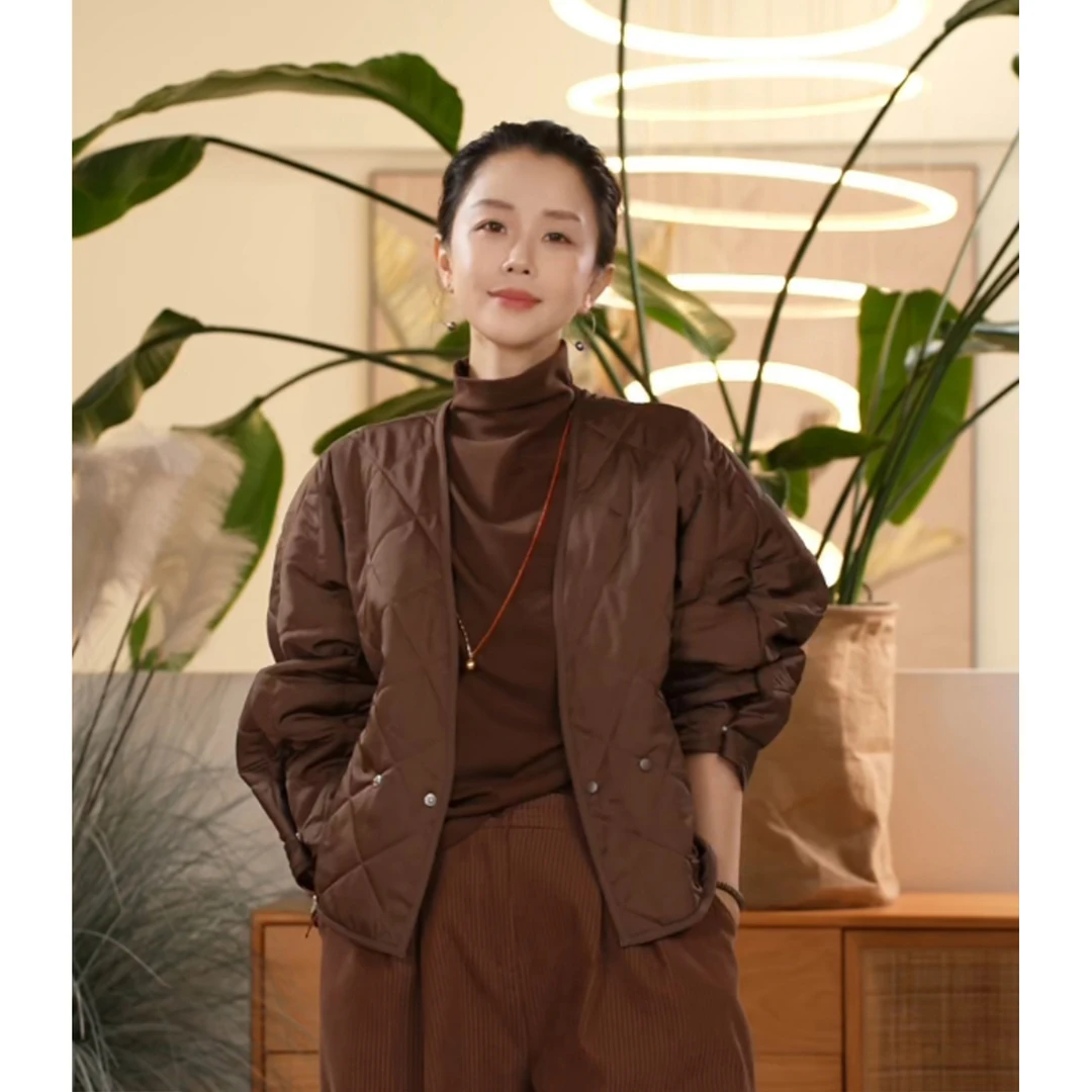 X 【叭哒不惑】漫雪 绵羊毛V领格纹棉服女宽松显瘦气质短外套
