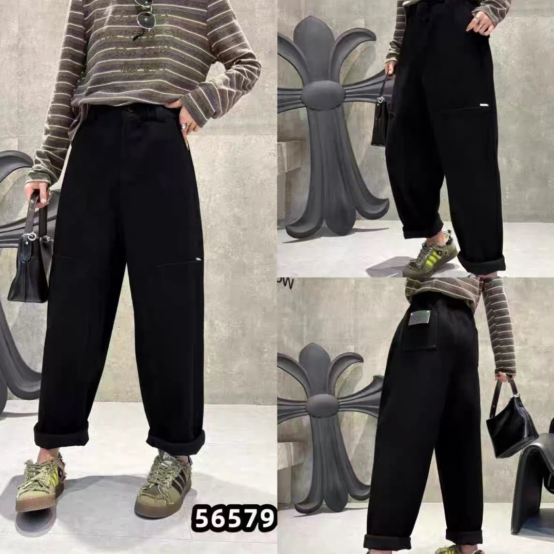 56579艾*恩冬季新款女装休闲加绒保暖百搭大码女士萝卜弯刀裤