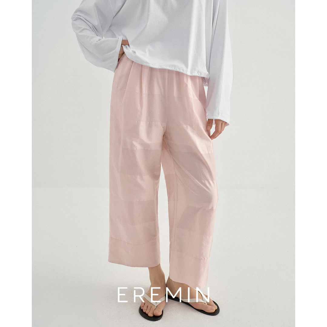 DE Mincollection「琥珀流光风」小粉裤/定制光滑丝拼接直筒休闲裤