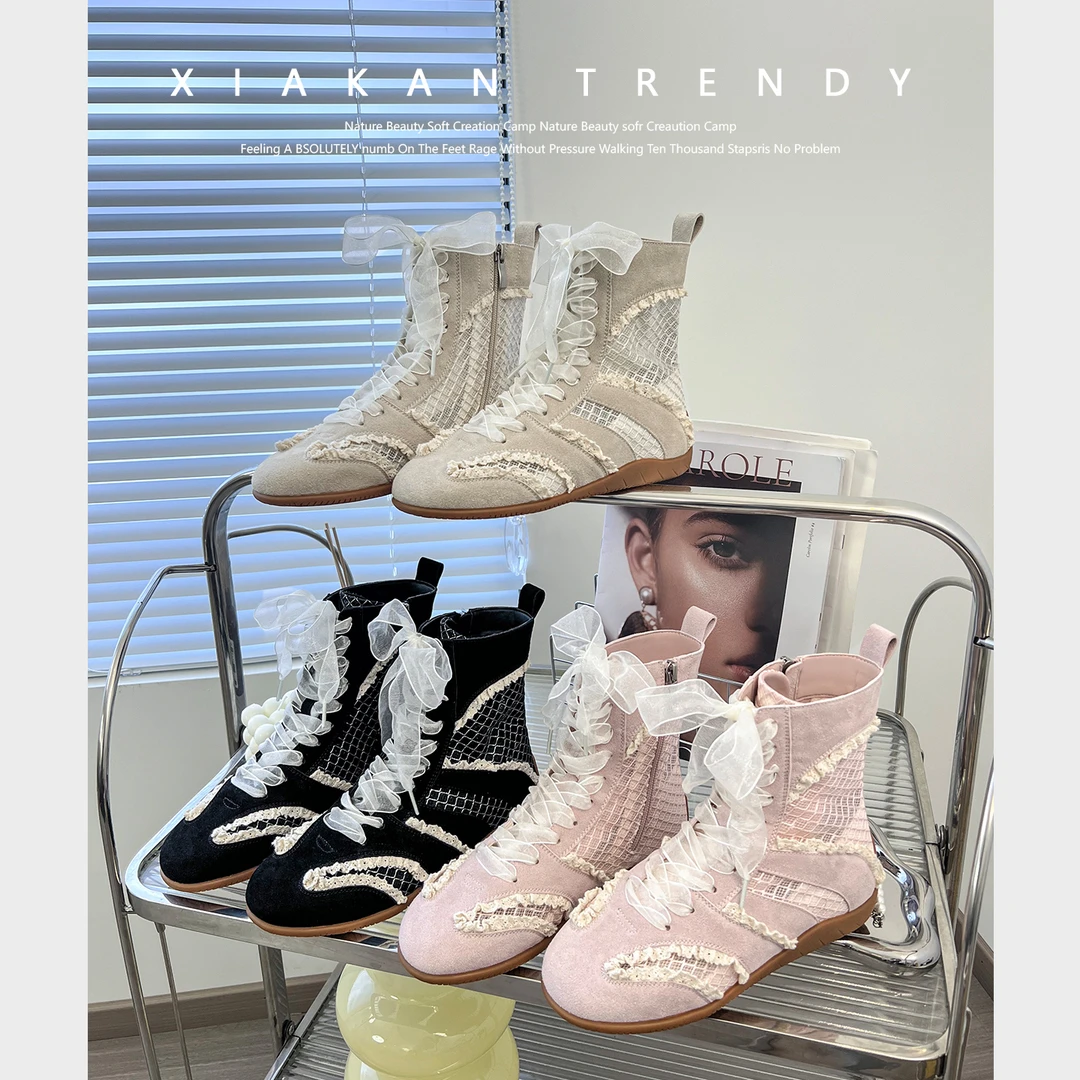 「夏侃」内增高5cm小众蕾丝高帮拳击靴女夏季透气网靴时尚马丁短靴