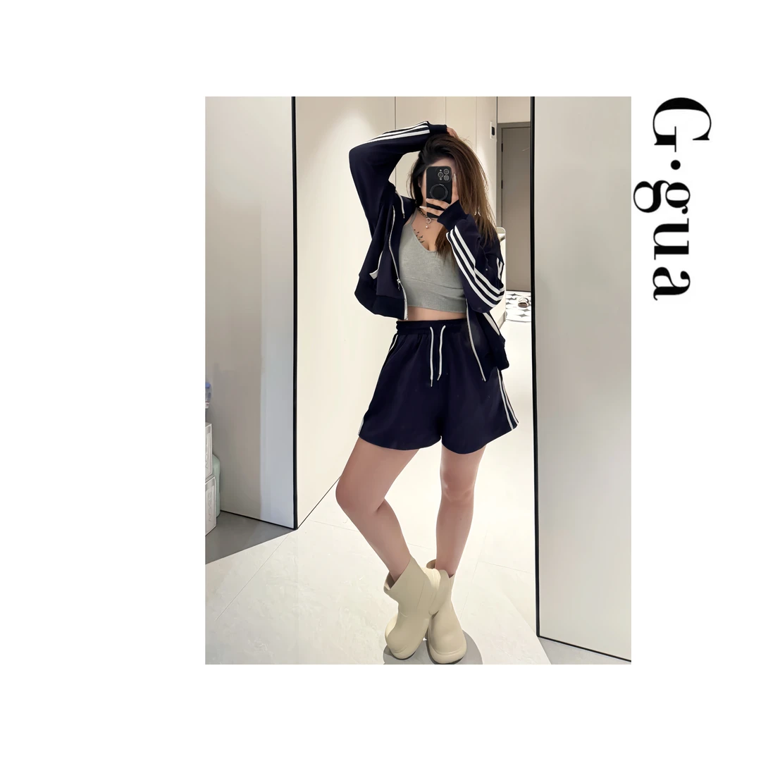 【张_Ggua】大码韩系休闲运动风纯色卫衣外套+高腰抽绳短裤两件套女