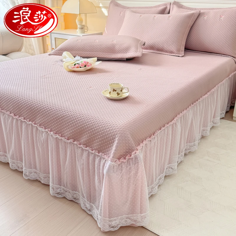 浪莎夏季冰豆豆冰丝凉席床裙款三件套公主风夏天可水洗空调软席