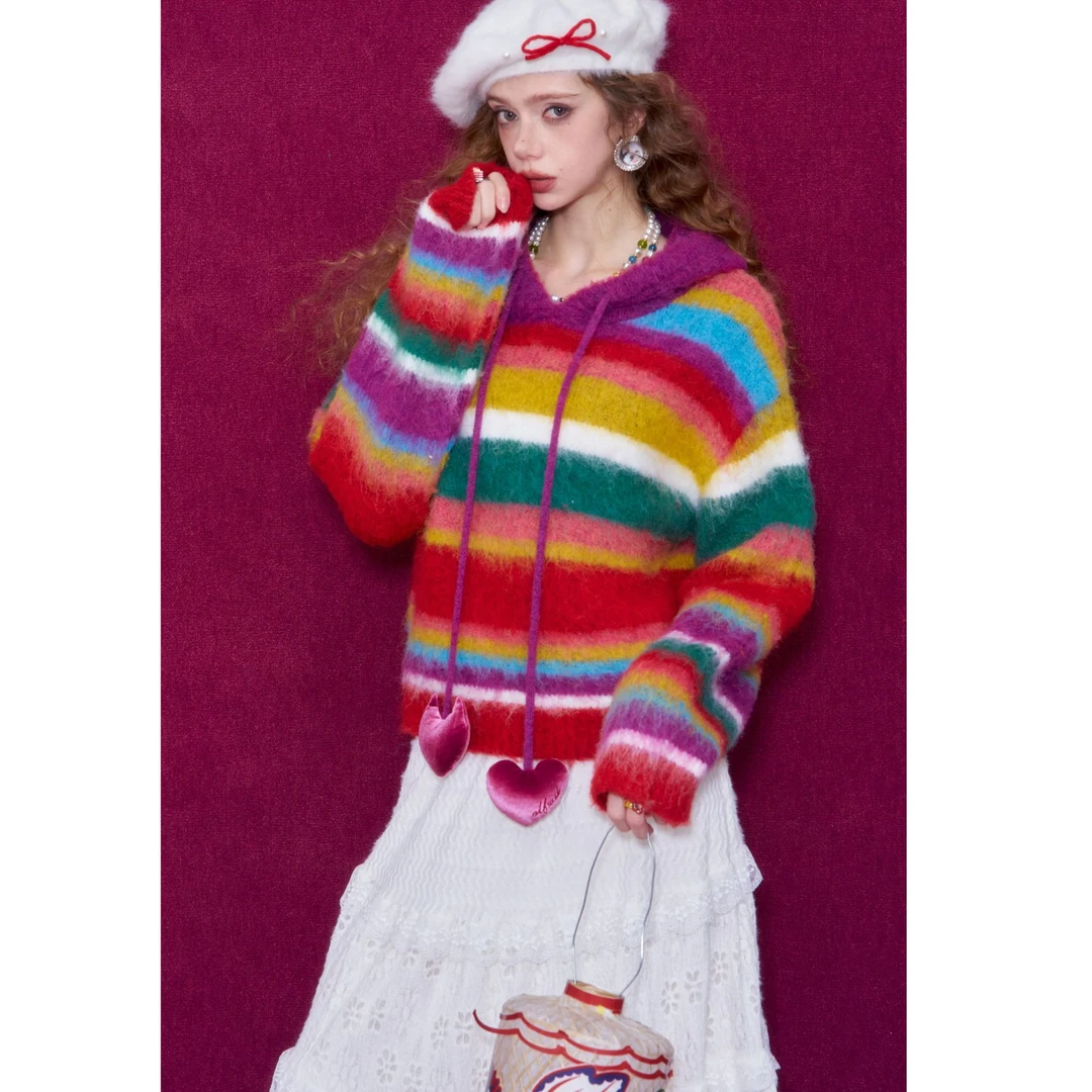 妖精的口袋彩虹毛绒绒毛衣流苏绳帽女2025年冬季新款圣诞穿搭