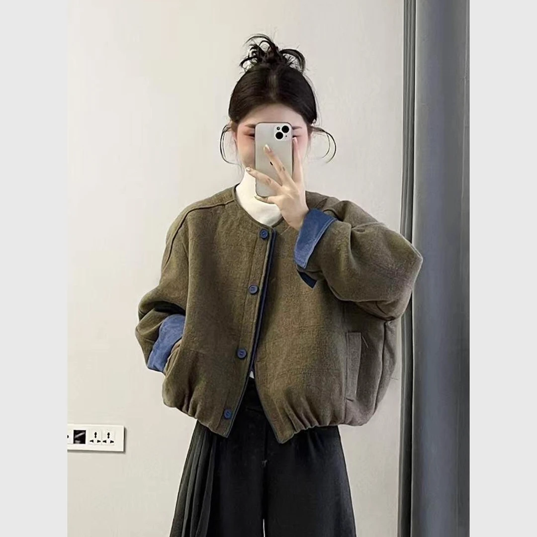 欧货时尚撞色拼接棉服外套女2025秋冬新款时尚宽松轻薄短款棉衣