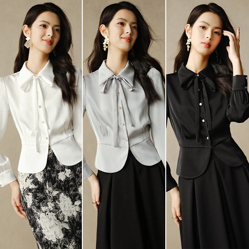 晚白2025新款欧若风长袖气质显瘦上衣收腰蝴蝶结衬衫女24121035