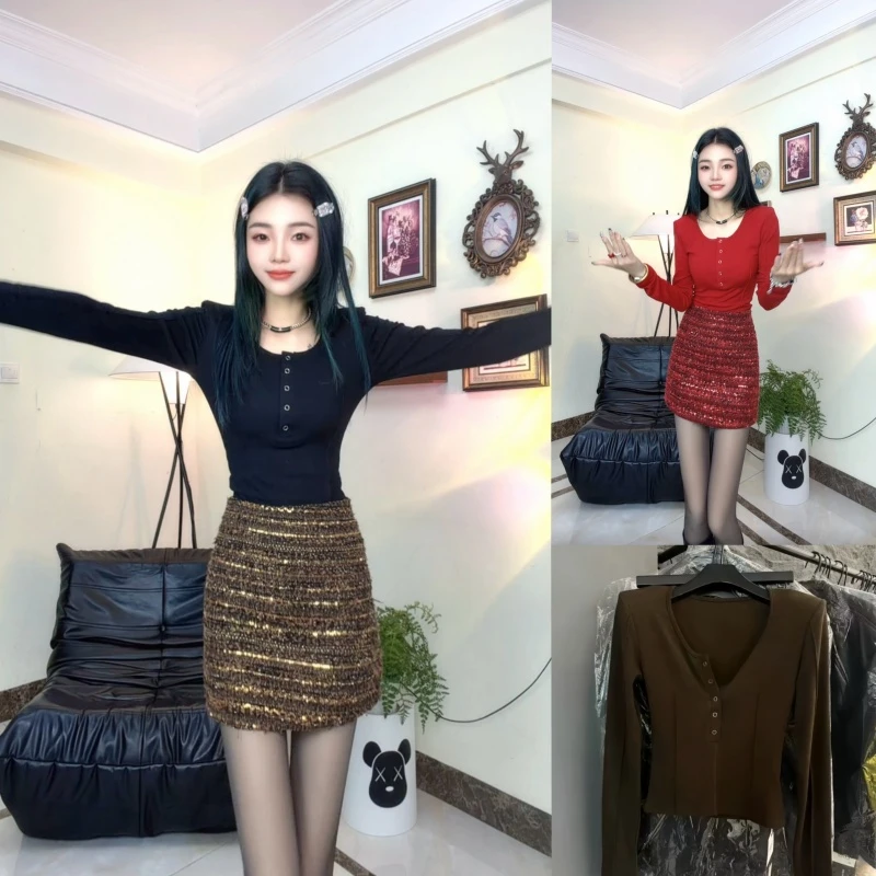 十三行新款韩版修身U领长袖T恤女磨毛垫肩短款打底上衣女