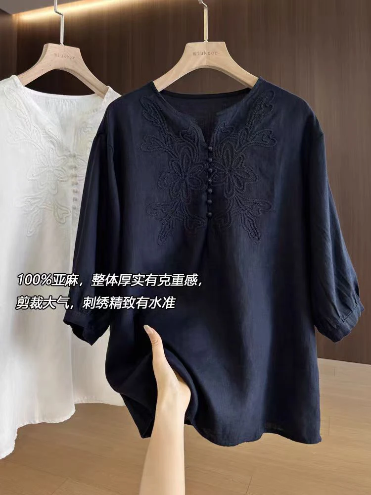 清爽有松弛感简约随性宽松刺绣圆领高支亚麻衬衫