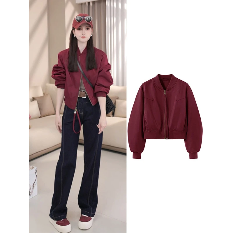 韩版长袖短款红色棒球服外套女春季2025年时尚洋气小个子夹克上衣
