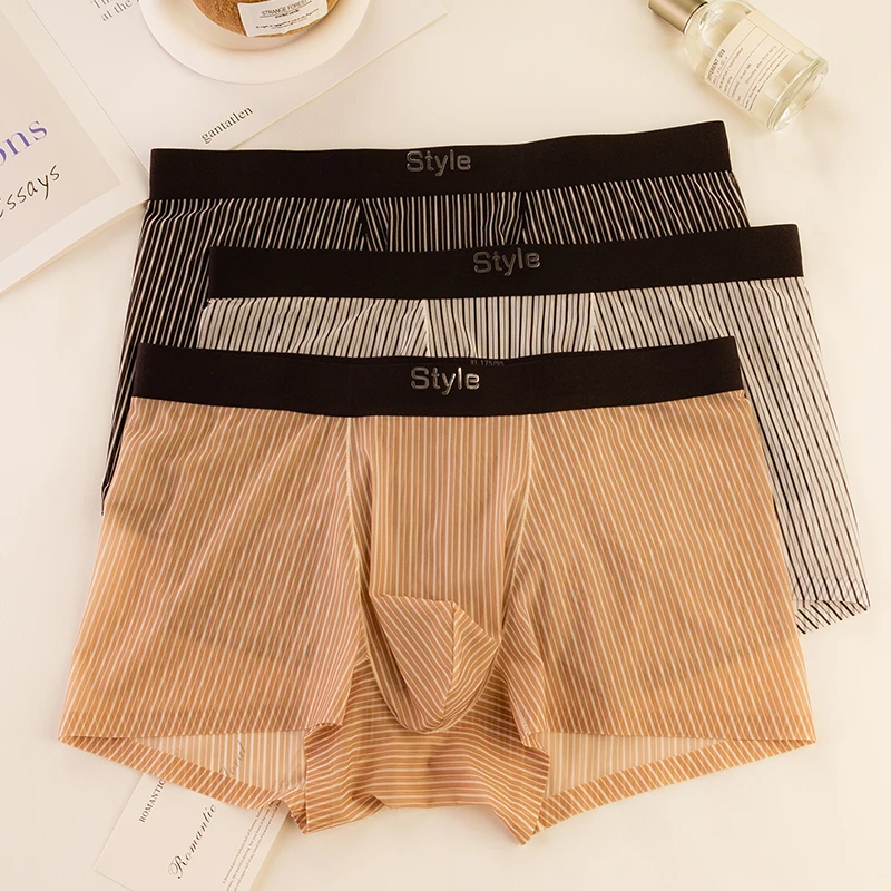 透明条纹~秋冬男士内裤裸感吸汗冰丝大码无感透气卡通四角平角裤