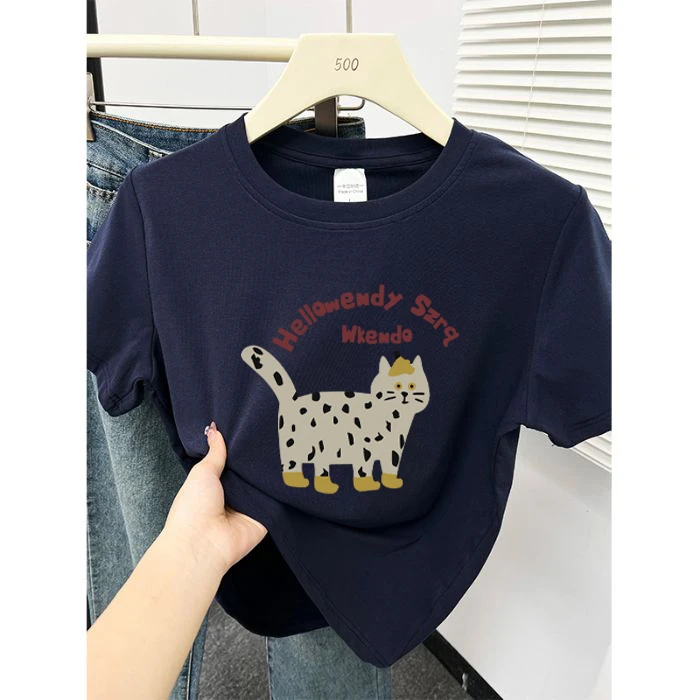 藏蓝色印花百搭修身正肩短袖t恤女夏季新款韩版短款休闲圆领
