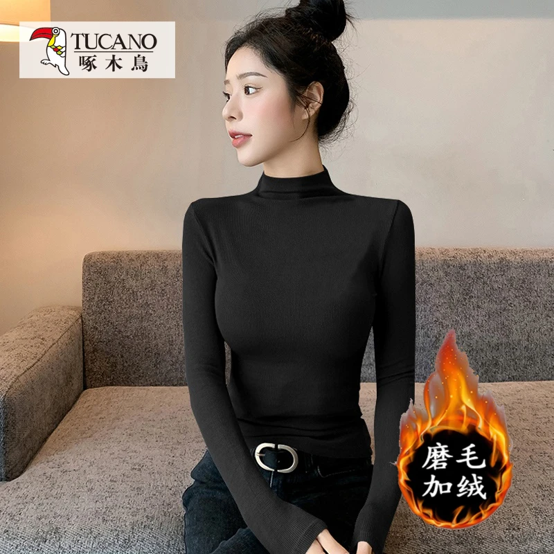 啄木鸟【罗纹棉系列】修身显瘦磨毛半高领长袖打底衫女秋冬t恤上衣