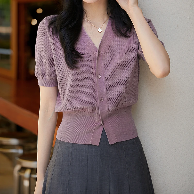 冰丝紫色v领短款针织开衫女装夏季2025新款正肩收腰外套t恤上衣薄