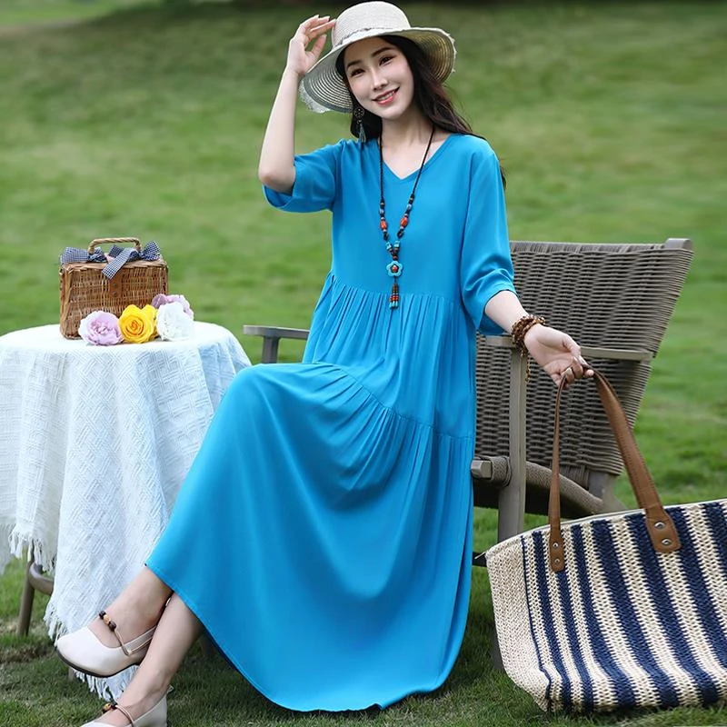 2025初夏新款高档棉绸连衣裙柠檬海盐穿搭漂亮度假沙滩裙宽松显瘦