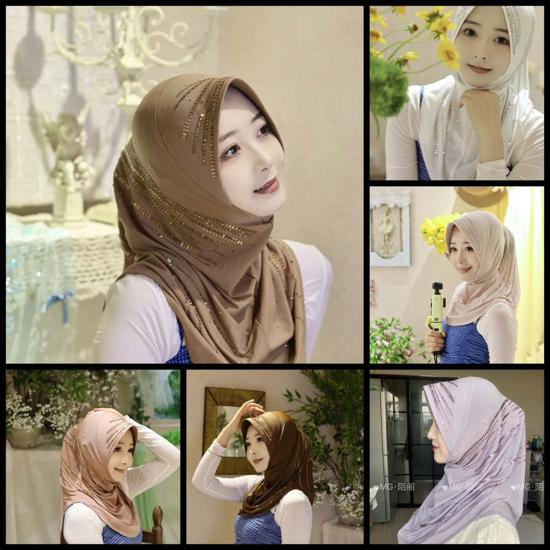 【铁哥】新品长条压线立体帽水钻烫钻套头纱巾头巾