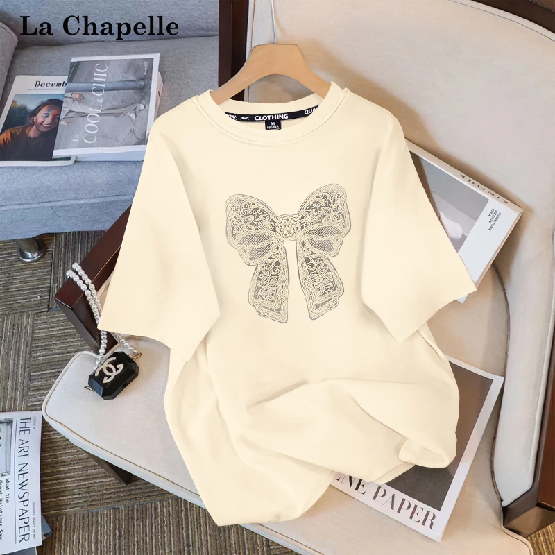 拉夏贝尔韩系纯棉正肩短袖T恤女2025夏季新款欧若风洋气百搭上衣X