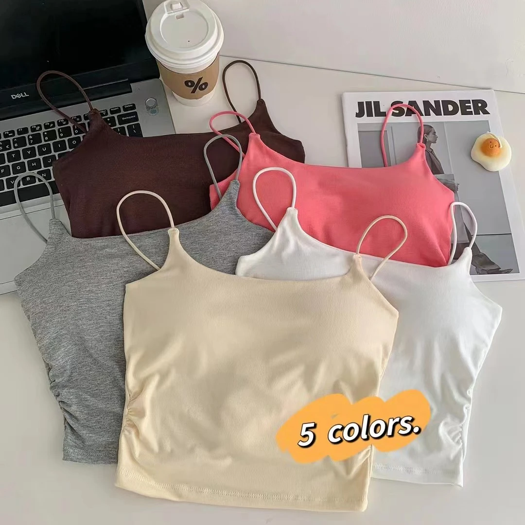 纯色简朴吊带背心式女带胸垫一体化懒认修身显瘦外穿内搭美背