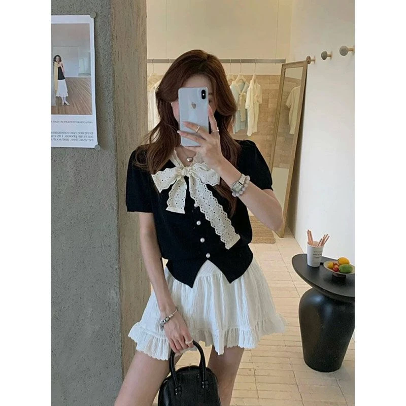 飘带单排扣十三行法式温柔风甜美蕾丝蝴蝶结针织衫V领小个子夏季