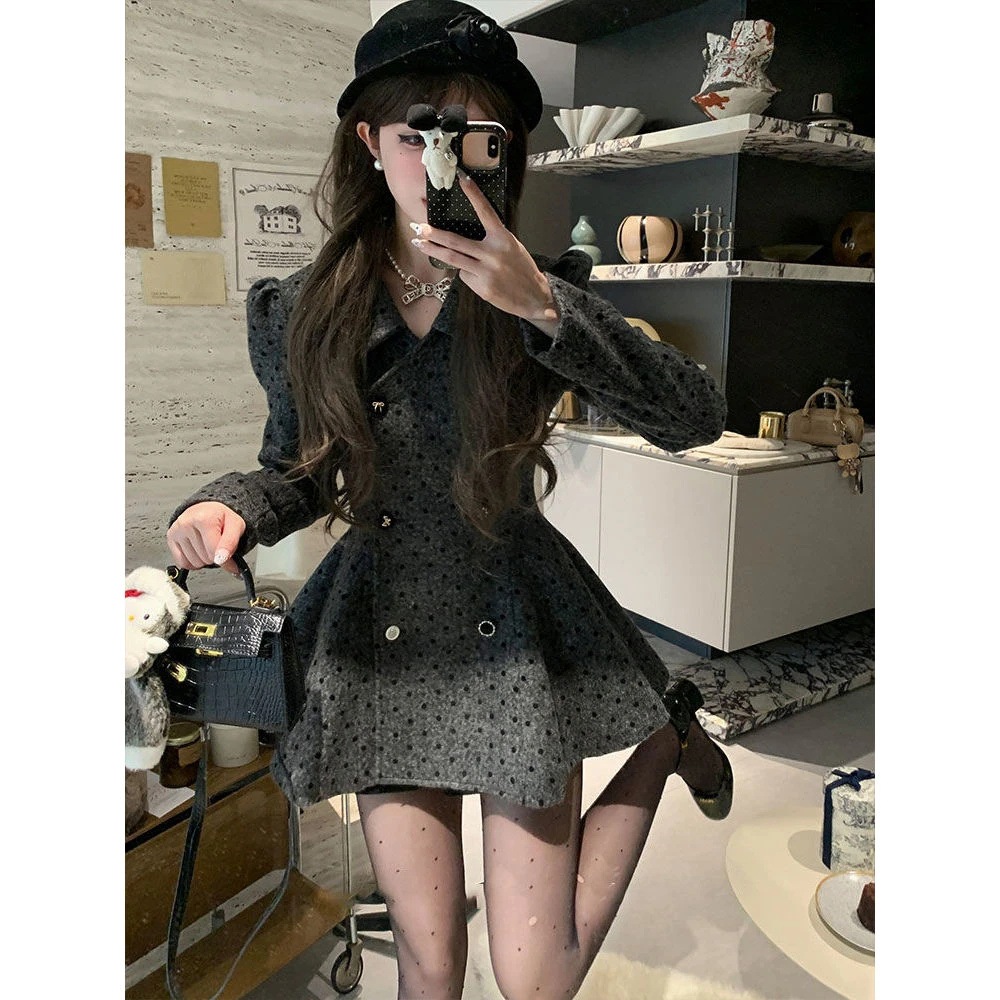 松露巧克力 法式复古波点毛呢大衣冬季新款复古学院风高级感外套