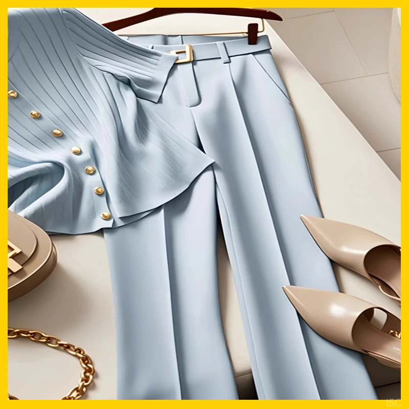 流行今年新款风蓝色夏季装超气质两件套装裤女2025休闲高级感好看