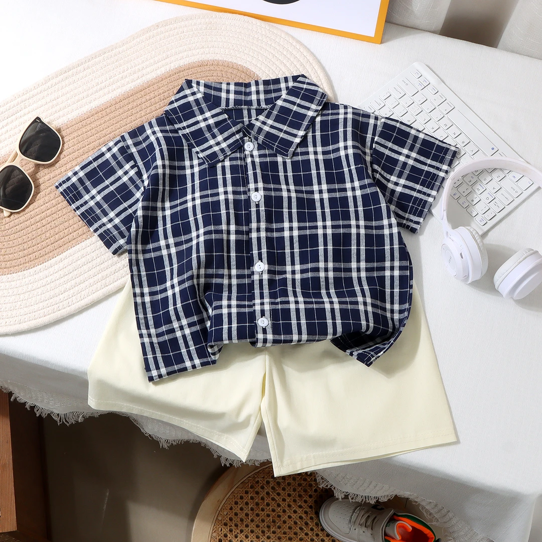 儿童夏季格纹套装2025新款痞帅男童衬衫两件套宝宝时髦港风夏装潮