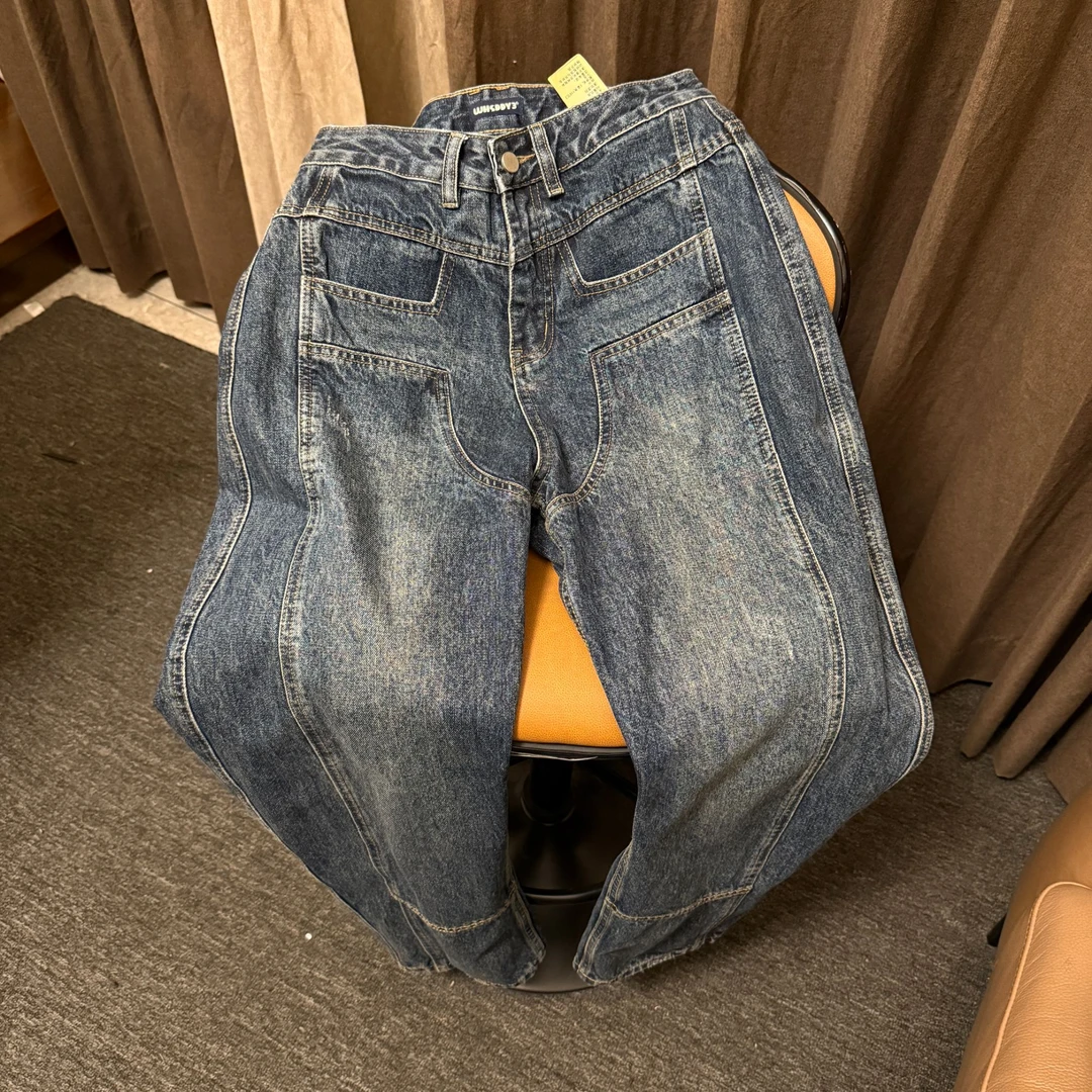 【K993】ST男女同款弯刀镰刀裤重磅复古多裁片立裁牛仔裤-TF