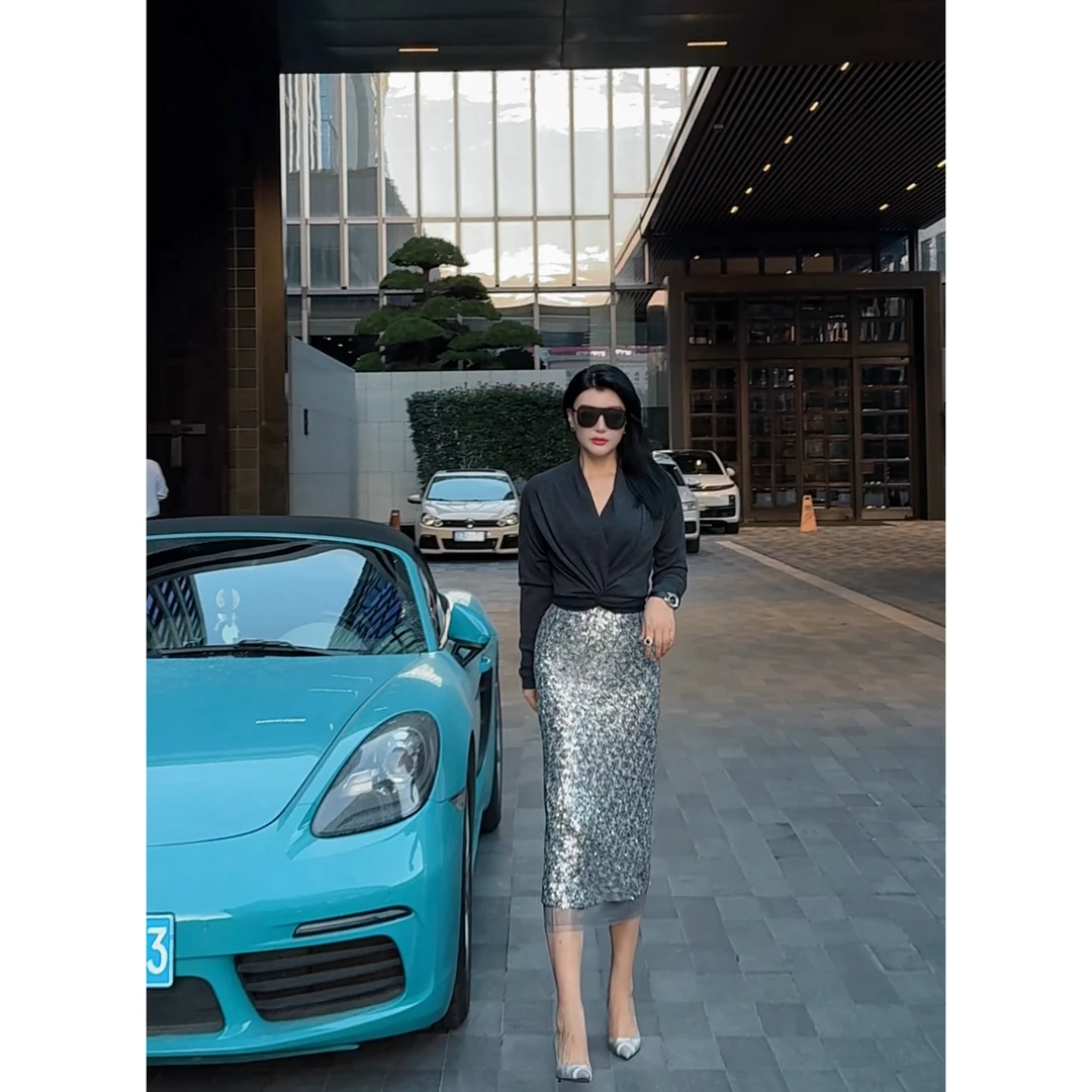 YJ【金光碎影】设计感亮片轻纱裙气质显瘦