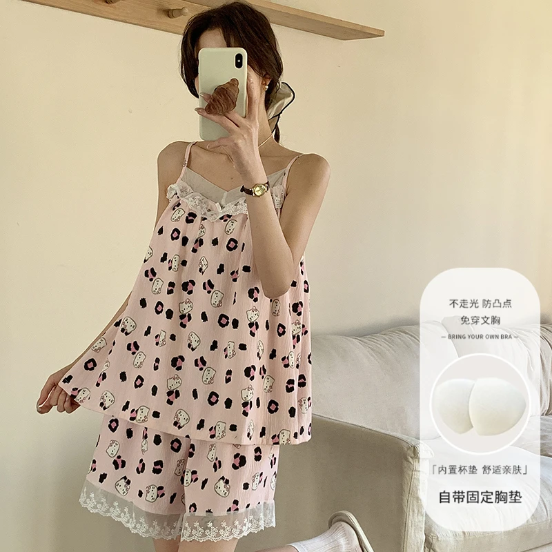 iolloi纯欲风卡通印花睡衣女套装夏季甜美ins吊带家居服带胸垫